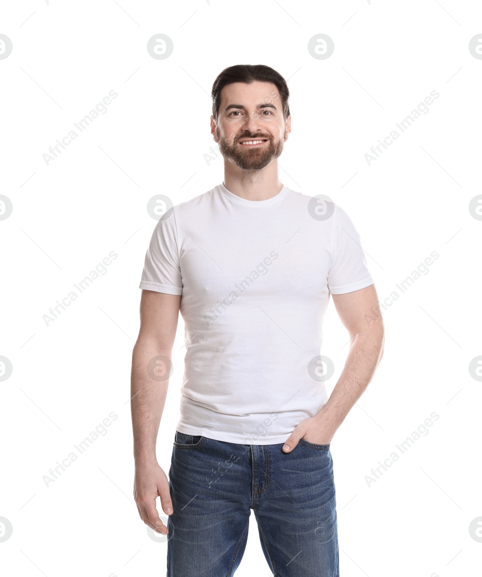 Photo of Man wearing blank t-shirt on white background. Mockup for design