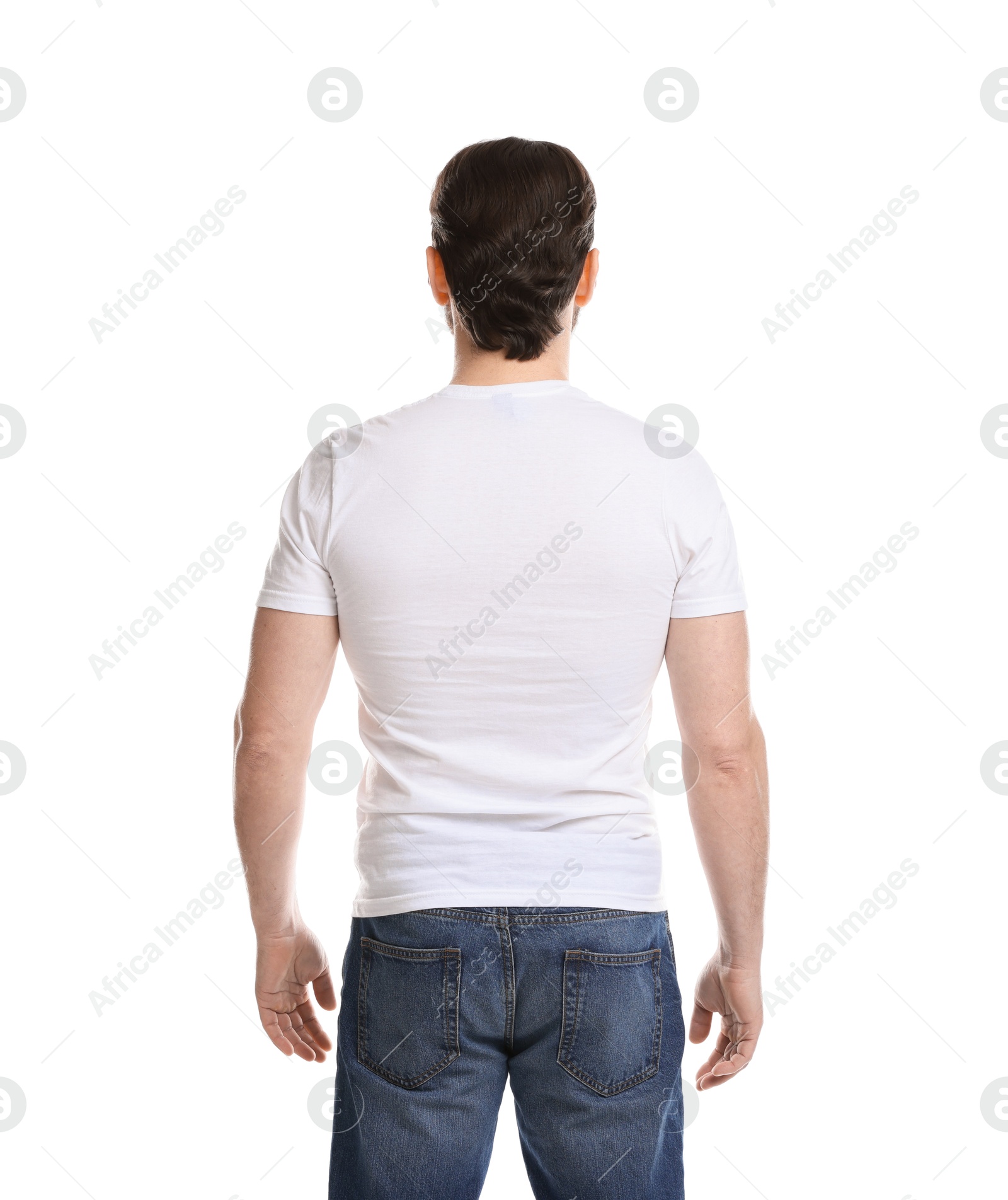 Photo of Man wearing blank t-shirt on white background, back view. Mockup for design