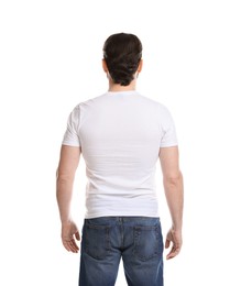 Photo of Man wearing blank t-shirt on white background, back view. Mockup for design