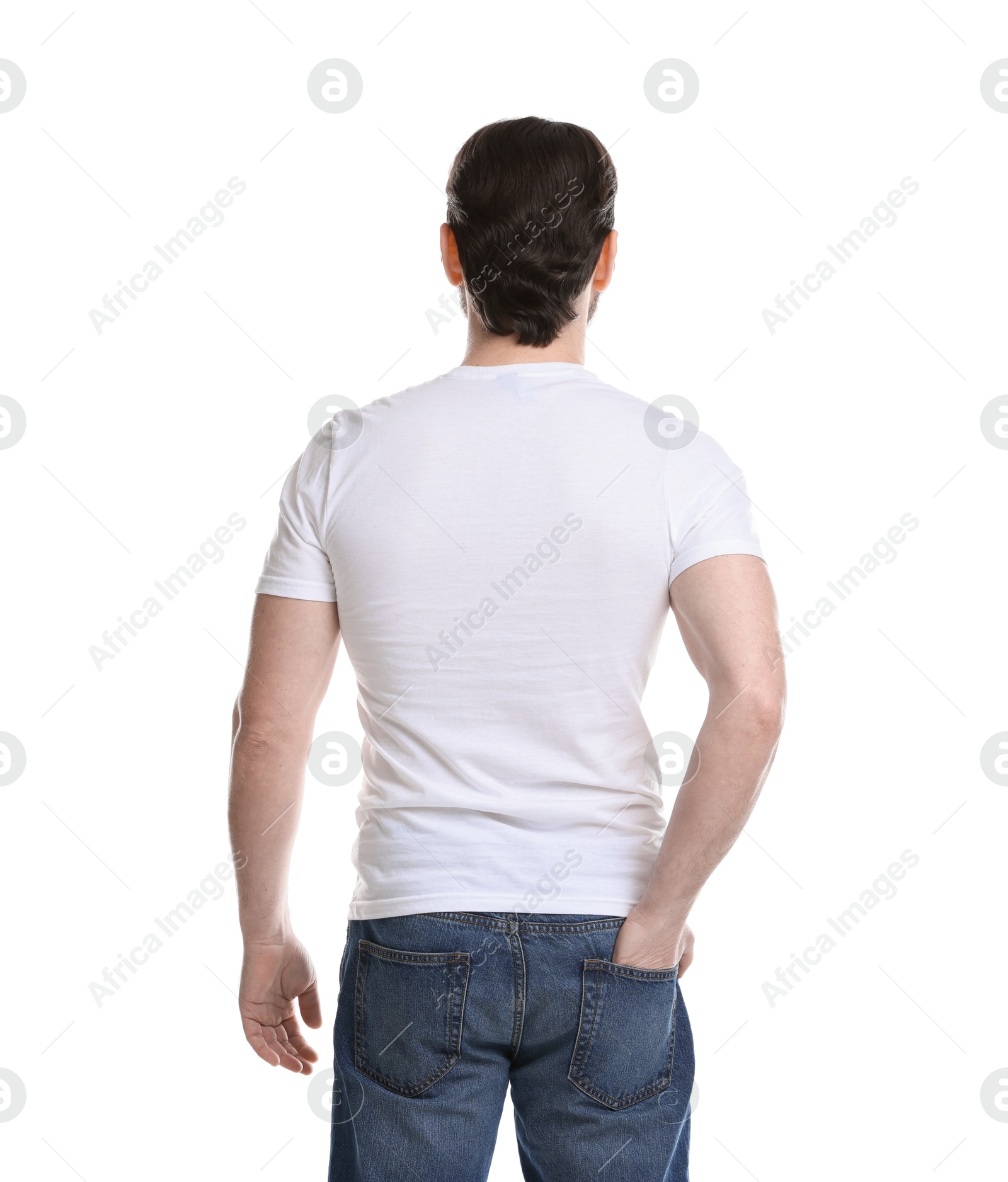 Photo of Man wearing blank t-shirt on white background, back view. Mockup for design