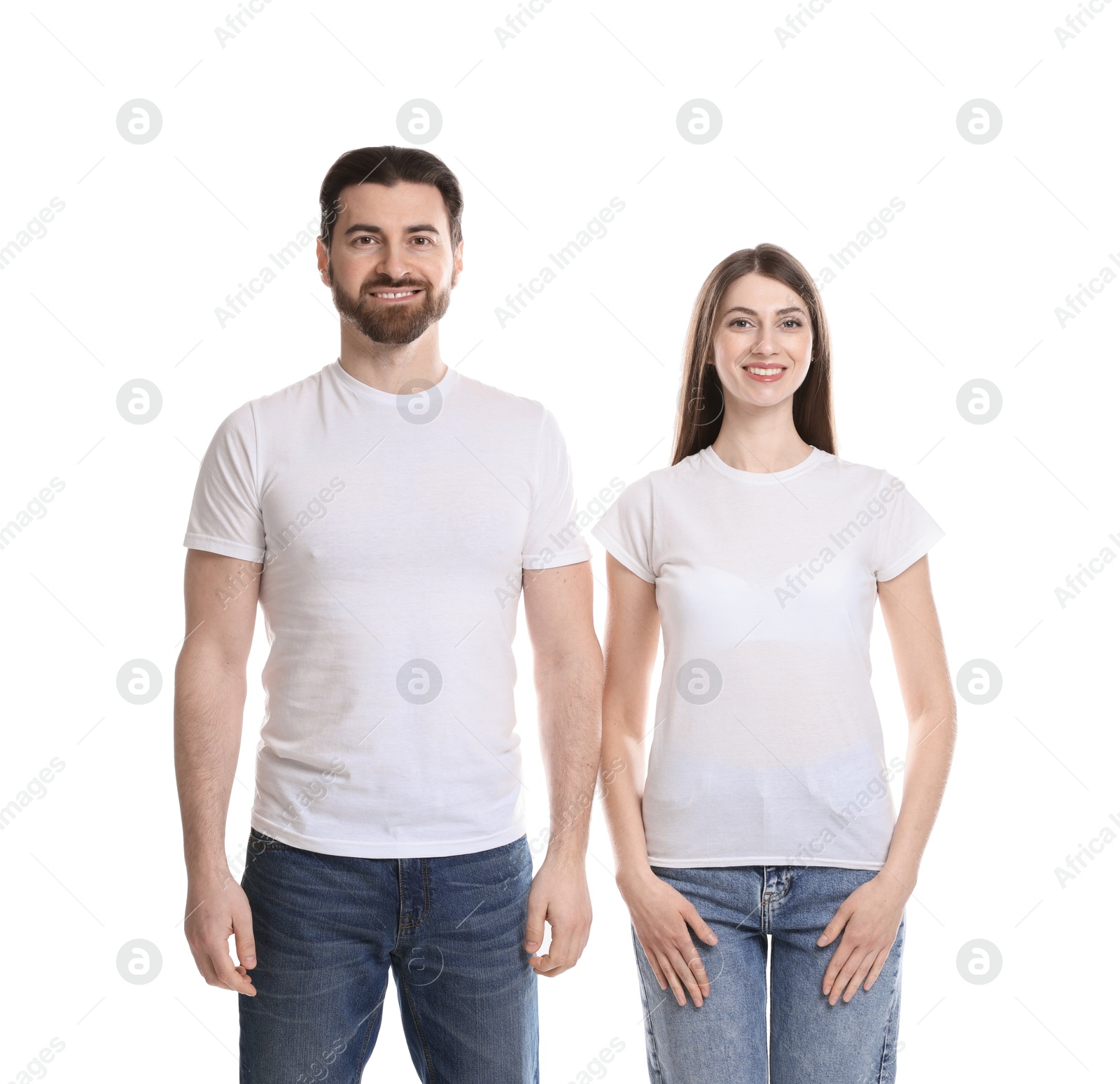 Photo of Woman and man wearing blank t-shirts on white background. Mockup for design