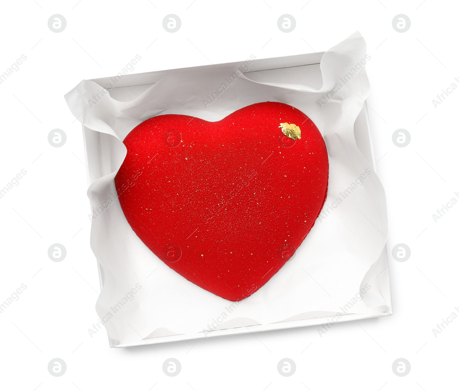 Photo of Heart shaped chocolate in box isolated on white, top view