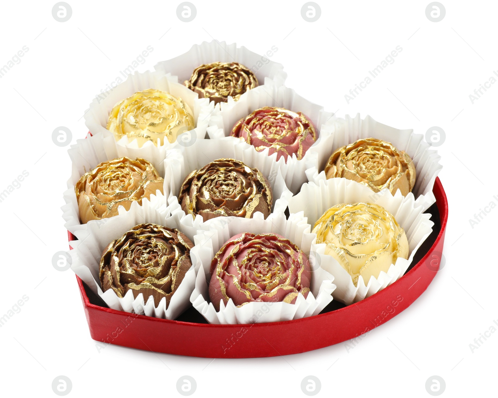 Photo of Flower shaped chocolate bonbons in box isolated on white