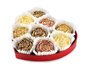 Flower shaped chocolate bonbons in box isolated on white