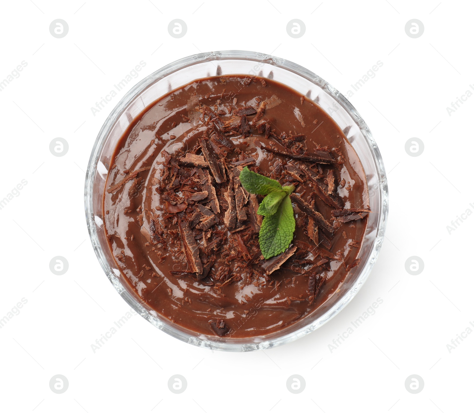 Photo of Tasty chocolate pudding with mint isolated on white, top view