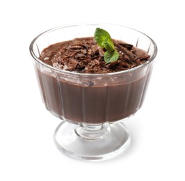 Photo of Tasty chocolate pudding with mint isolated on white