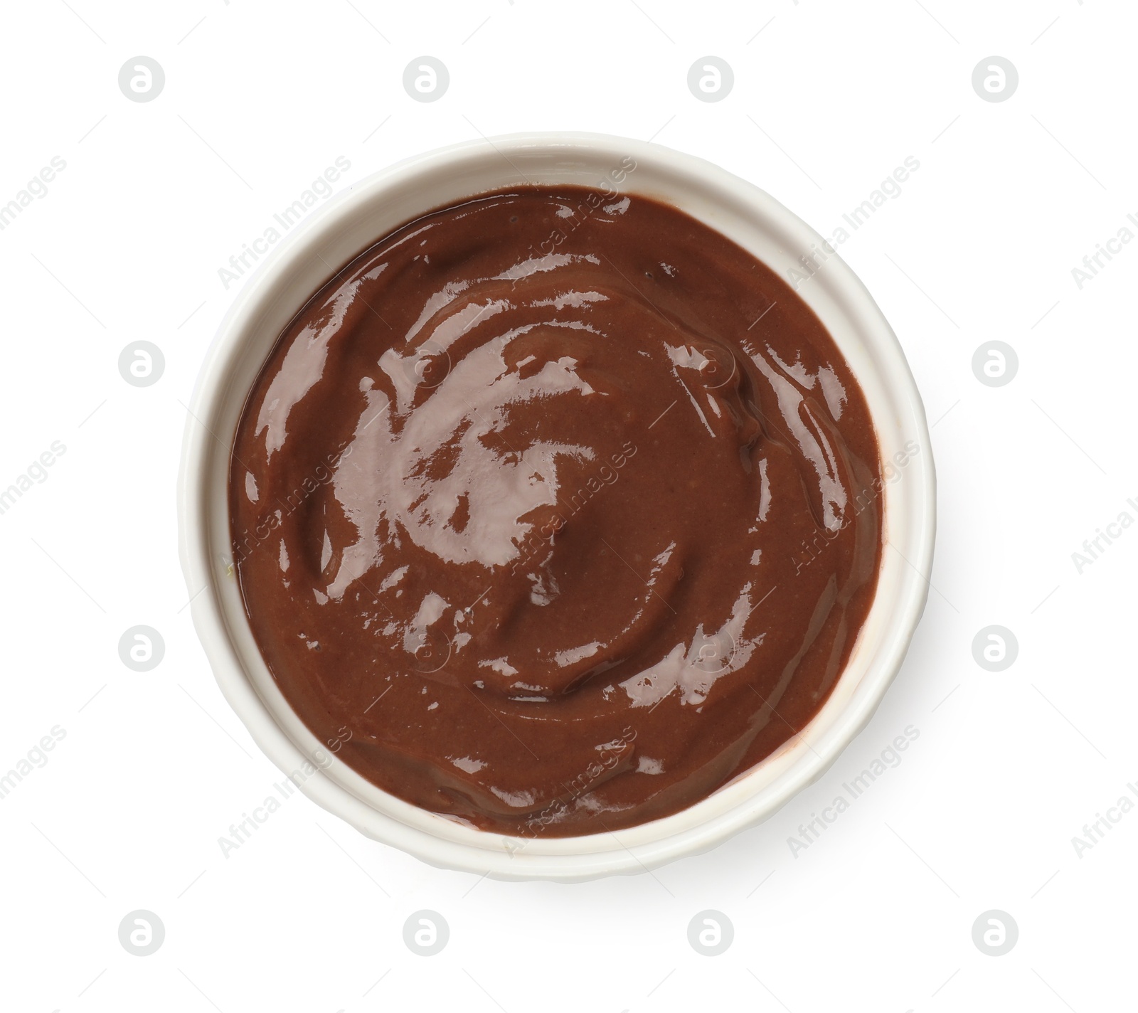 Photo of Tasty chocolate pudding isolated on white, top view