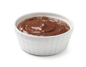 Photo of Tasty creamy chocolate pudding isolated on white