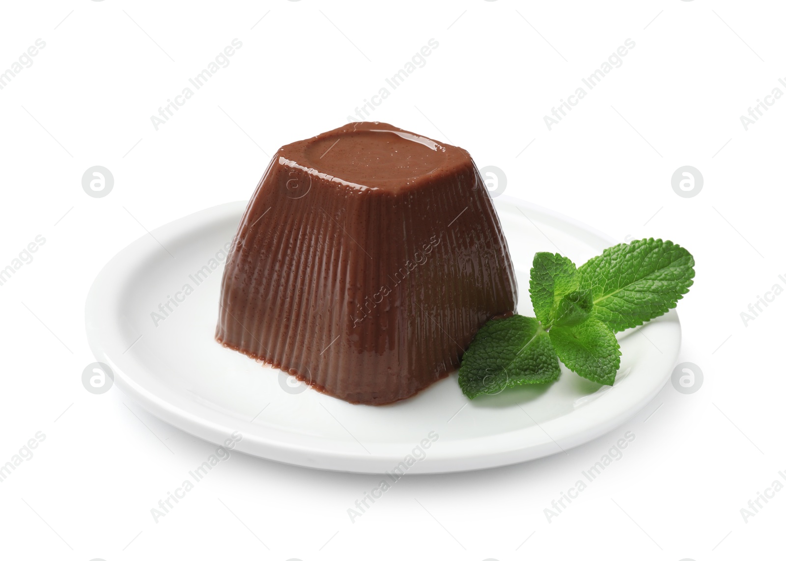 Photo of Tasty chocolate pudding with mint isolated on white