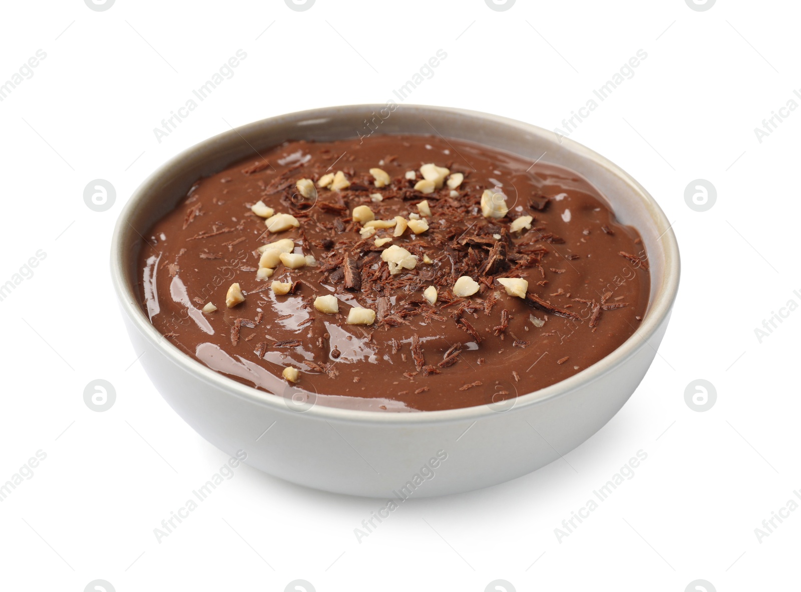 Photo of Tasty chocolate pudding in bowl isolated on white