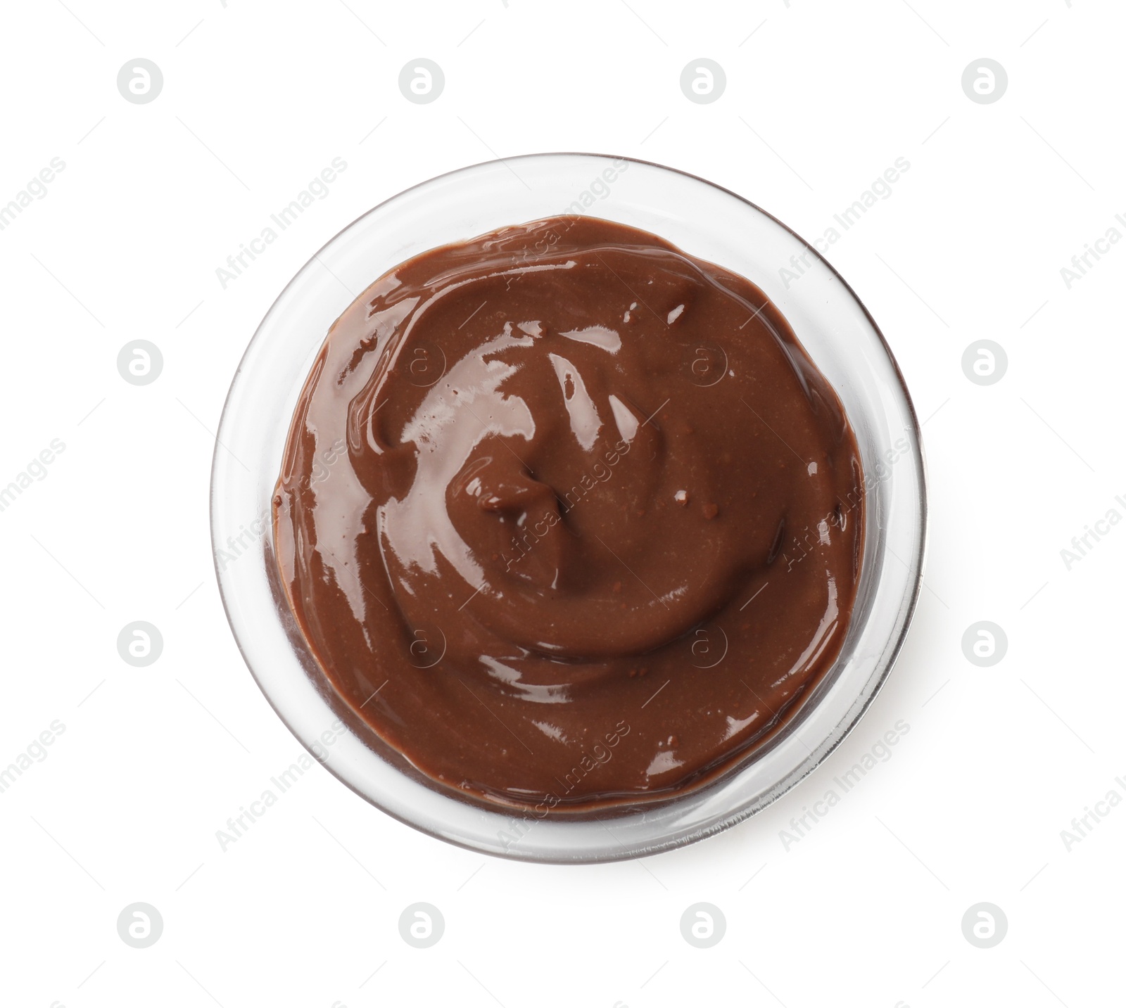 Photo of Delicious chocolate mousse in glass bowl isolated on white, top view