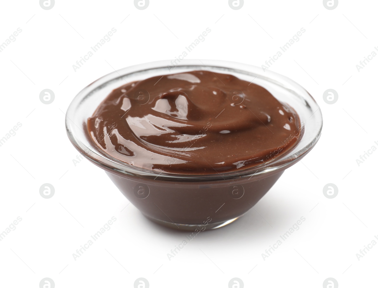 Photo of Delicious chocolate mousse in glass bowl isolated on white