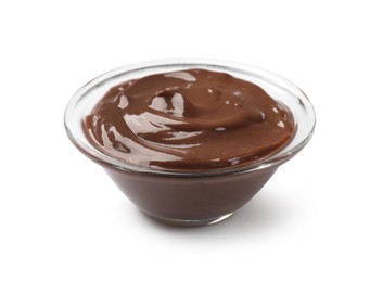 Photo of Delicious chocolate mousse in glass bowl isolated on white