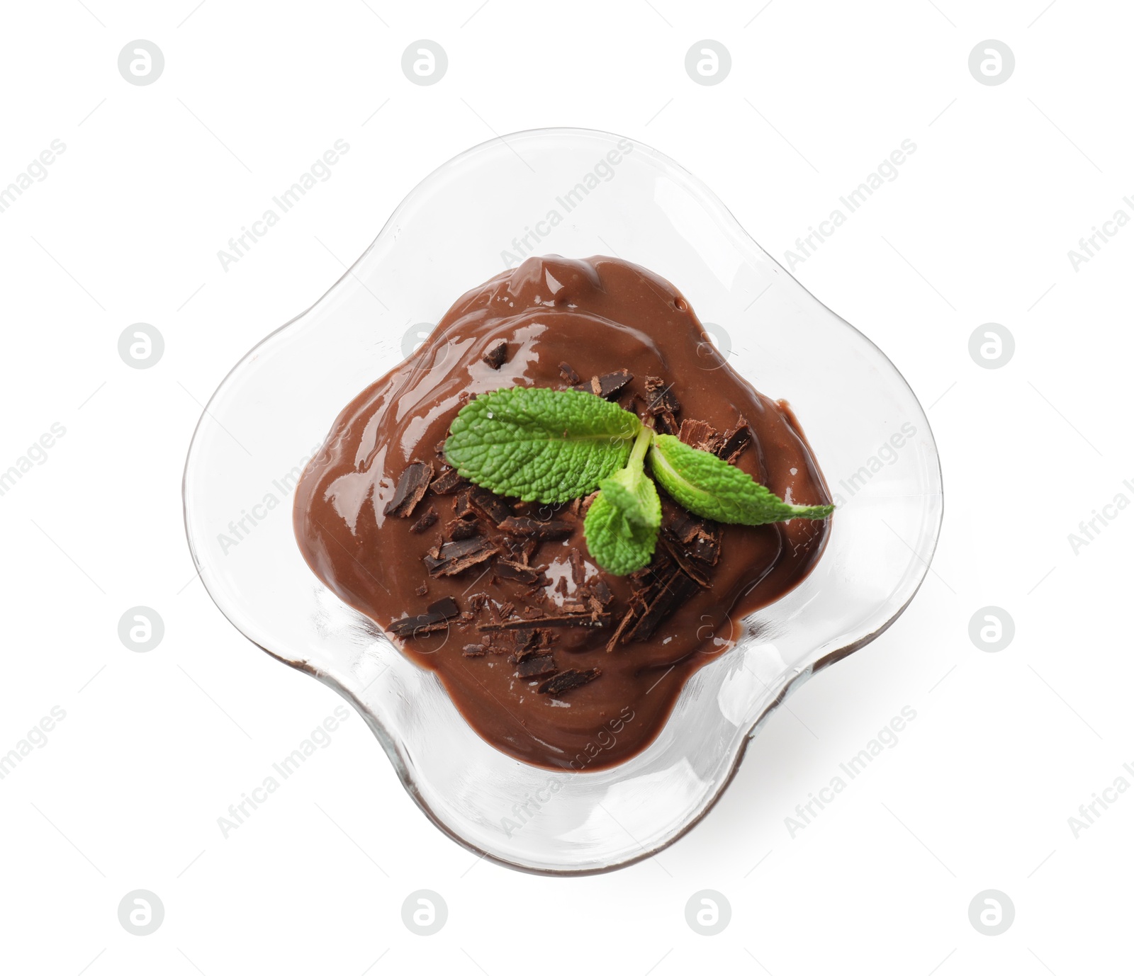 Photo of Delicious chocolate mousse in glass dessert bowl isolated on white, top view