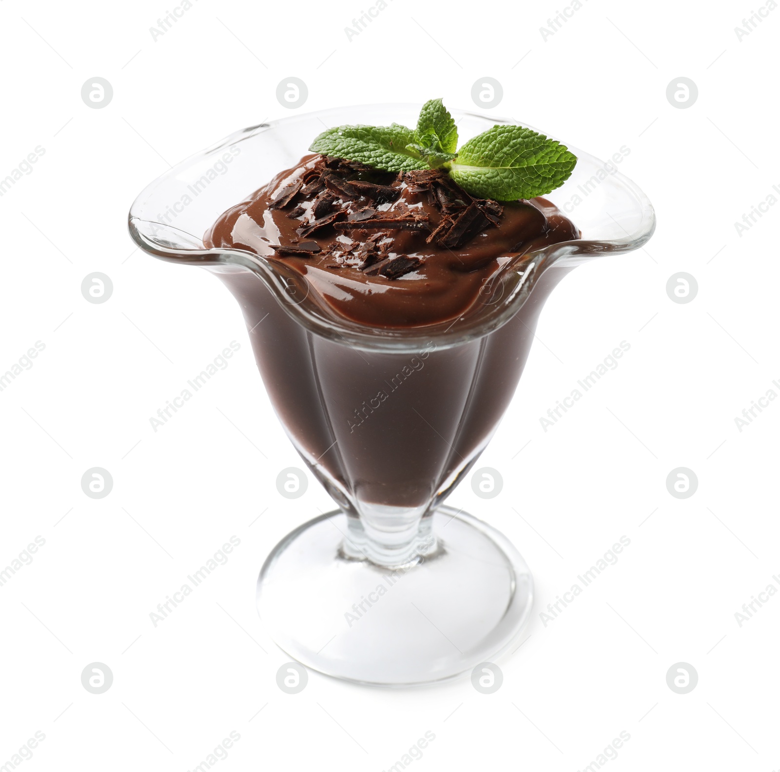 Photo of Delicious chocolate mousse in glass dessert bowl isolated on white