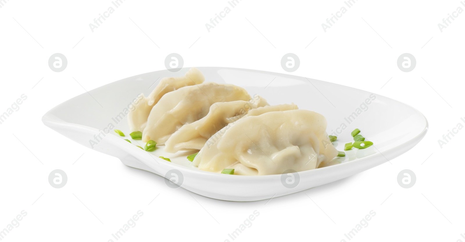 Photo of Tasty boiled gyoza (dumplings) with green onion on white background