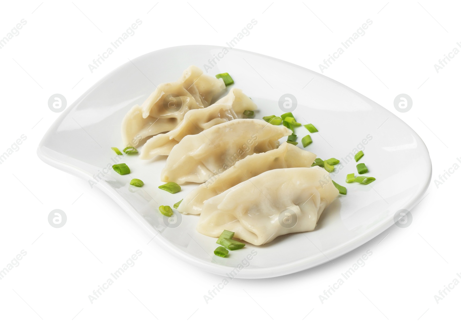 Photo of Tasty boiled gyoza (dumplings) with green onion on white background