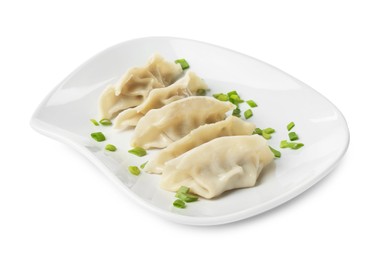 Photo of Tasty boiled gyoza (dumplings) with green onion on white background