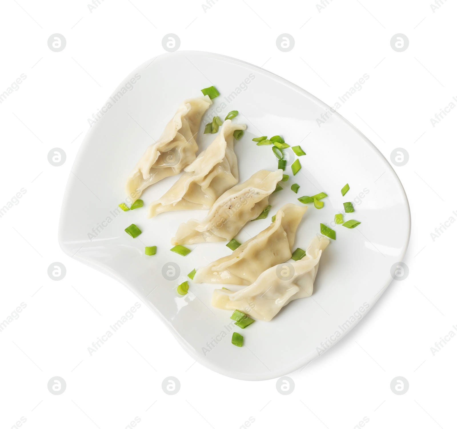 Photo of Tasty boiled gyoza (dumplings) with green onion on white background, top view