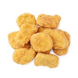 Photo of Many tasty chicken nuggets isolated on white, top view