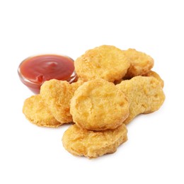 Photo of Tasty chicken nuggets with sauce isolated on white