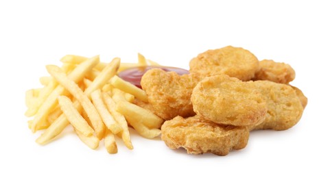 Photo of Tasty chicken nuggets and french fries with sauce isolated on white
