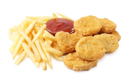 Photo of Tasty chicken nuggets and french fries with sauce isolated on white
