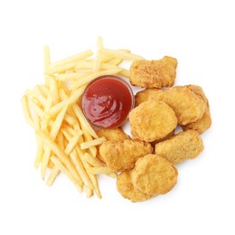 Photo of Tasty chicken nuggets and french fries with sauce isolated on white, top view