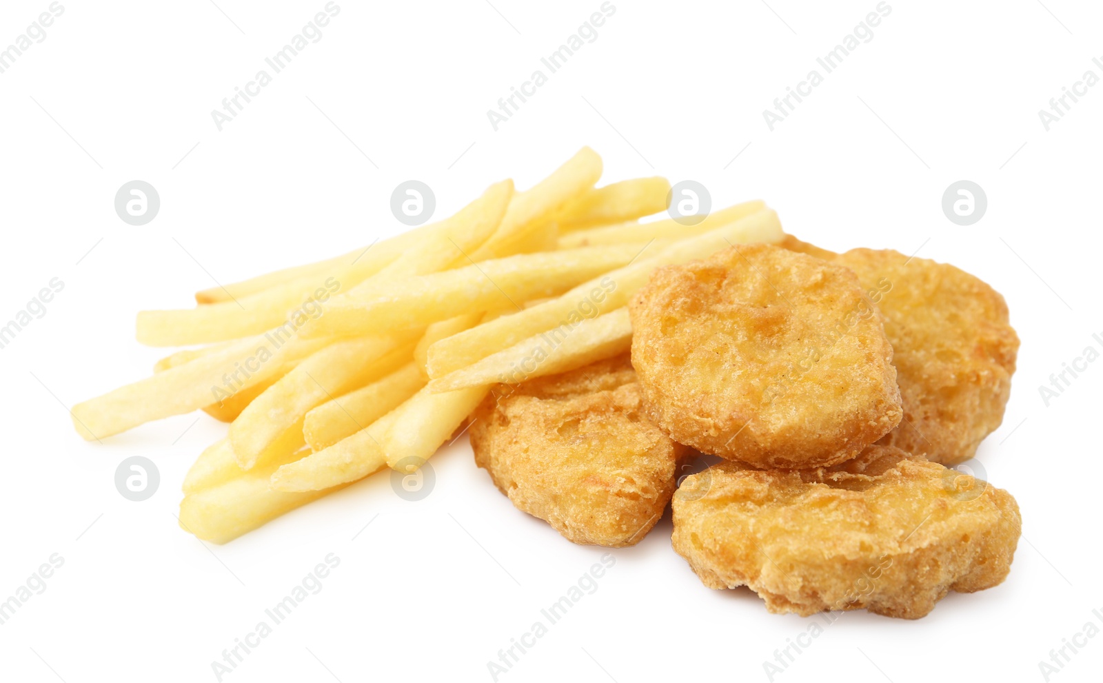 Tasty chicken nuggets and french fries isolated on white Photo of Tasty chicken nuggets and french fries isolated on white