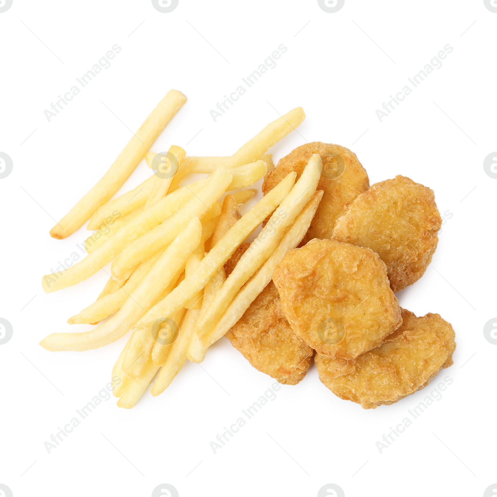 Tasty chicken nuggets and french fries isolated on white Photo of Tasty chicken nuggets and french fries isolated on white
