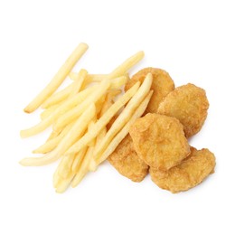 Photo of Tasty chicken nuggets and french fries isolated on white