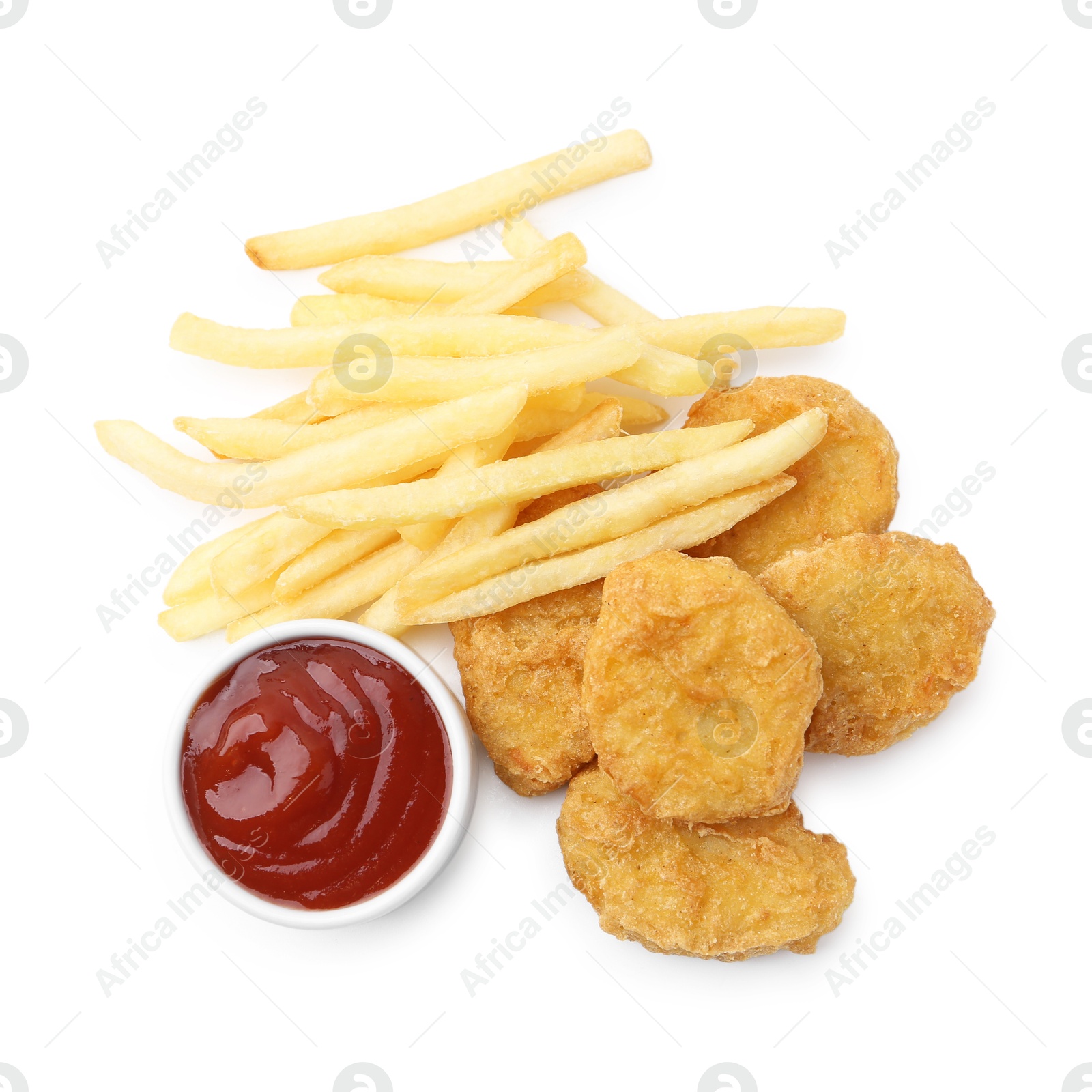 Tasty chicken nuggets and french fries with sauce isolated on white, top view Photo of Tasty chicken nuggets and french fries with sauce isolated on white, top view