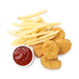 Photo of Tasty chicken nuggets and french fries with sauce isolated on white, top view