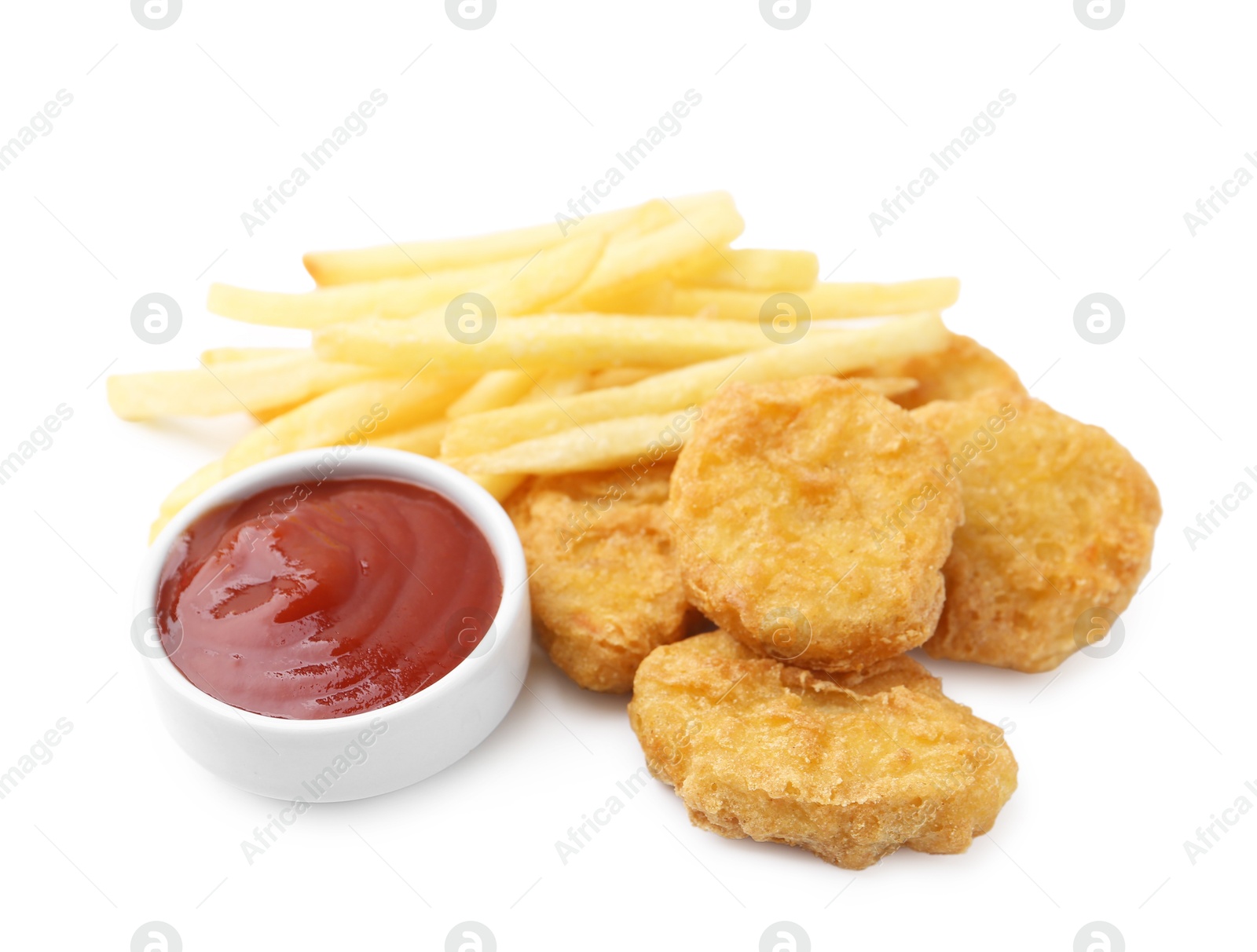 Tasty chicken nuggets and french fries with sauce isolated on white Photo of Tasty chicken nuggets and french fries with sauce isolated on white