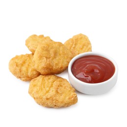 Photo of Tasty chicken nuggets with sauce isolated on white