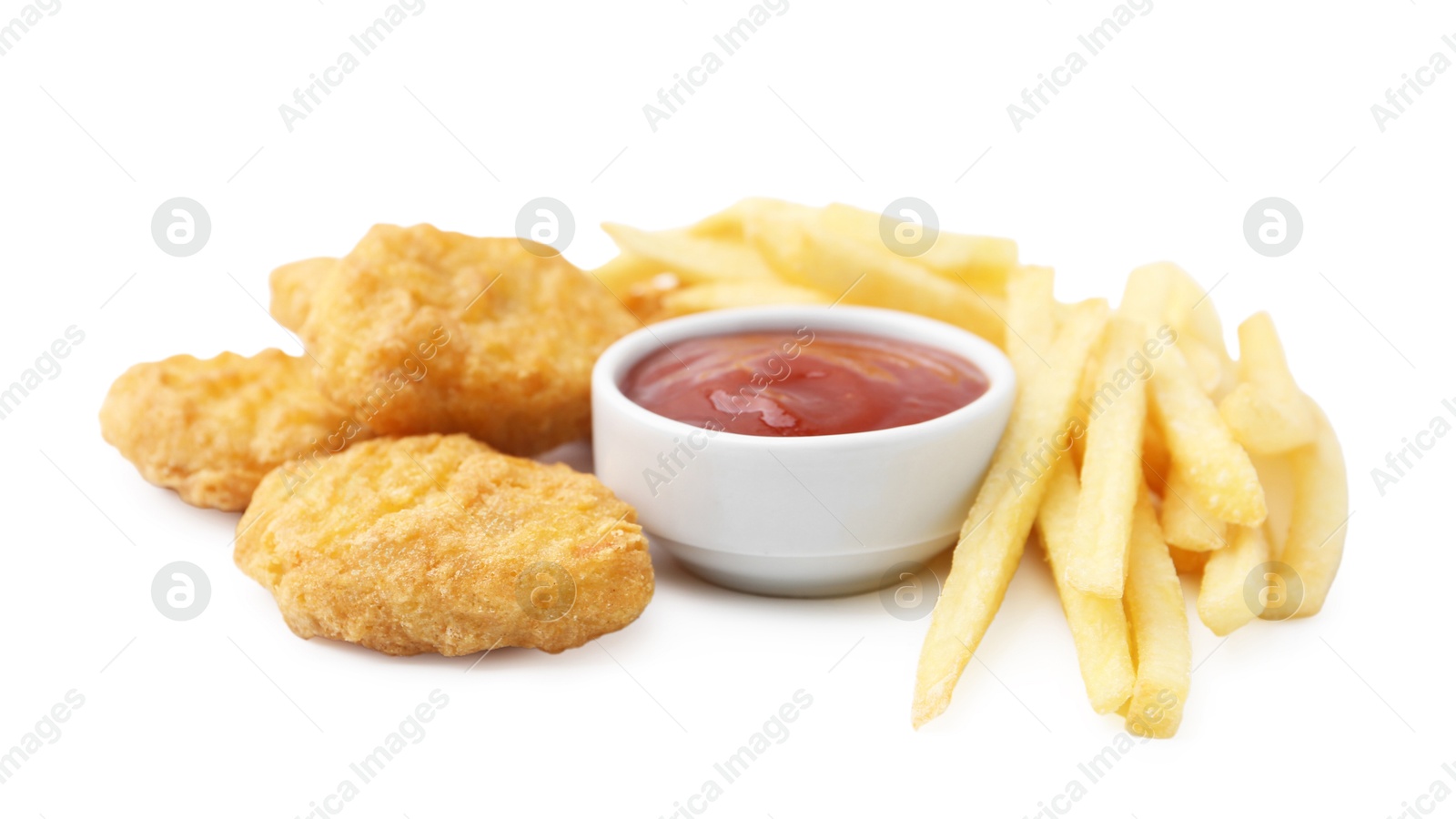 Tasty chicken nuggets and french fries with sauce isolated on white Photo of Tasty chicken nuggets and french fries with sauce isolated on white