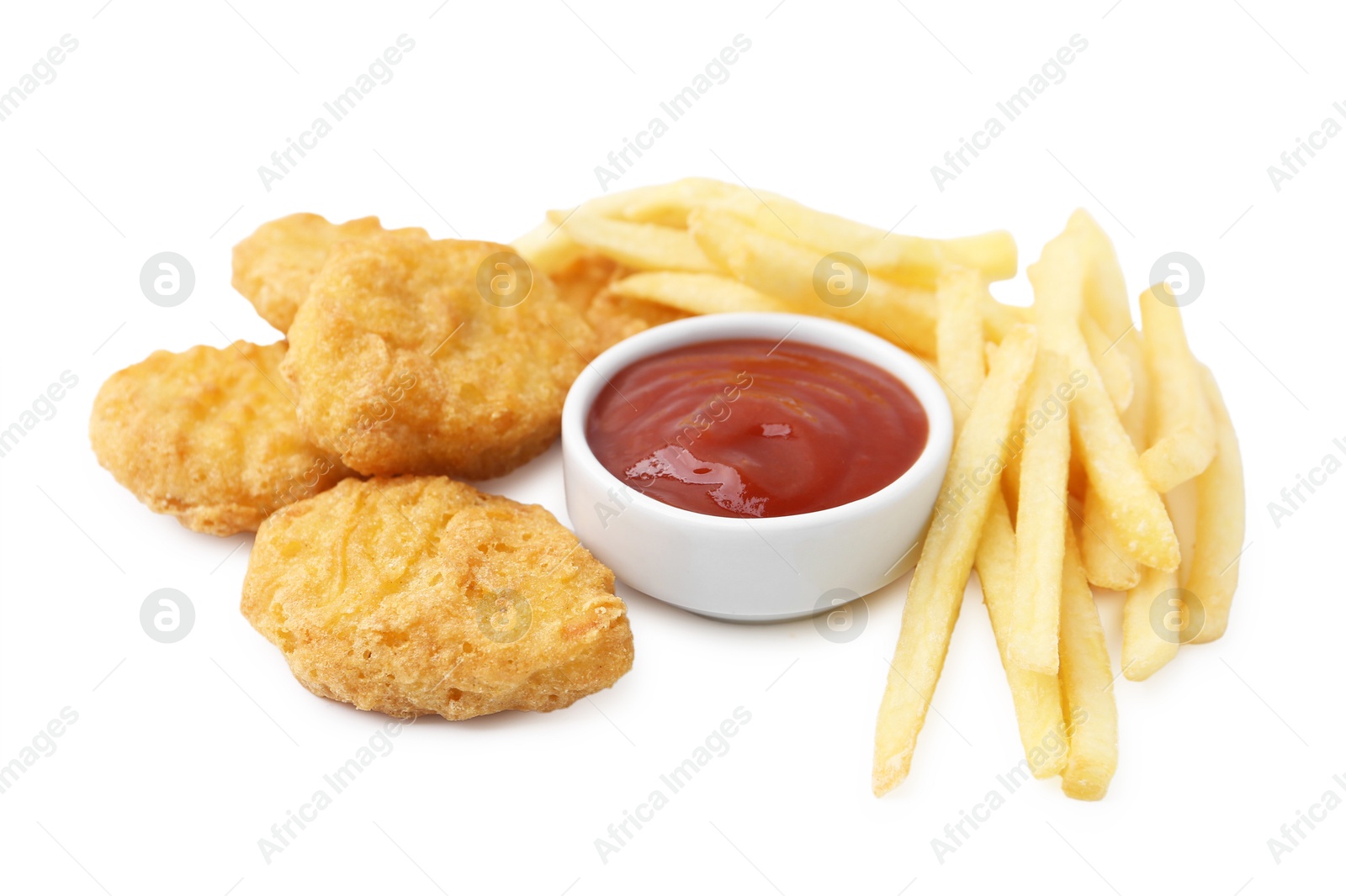 Tasty chicken nuggets and french fries with sauce isolated on white Photo of Tasty chicken nuggets and french fries with sauce isolated on white