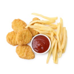 Photo of Tasty chicken nuggets and french fries with sauce isolated on white, top view