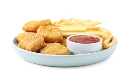 Photo of Tasty chicken nuggets and french fries with sauce isolated on white