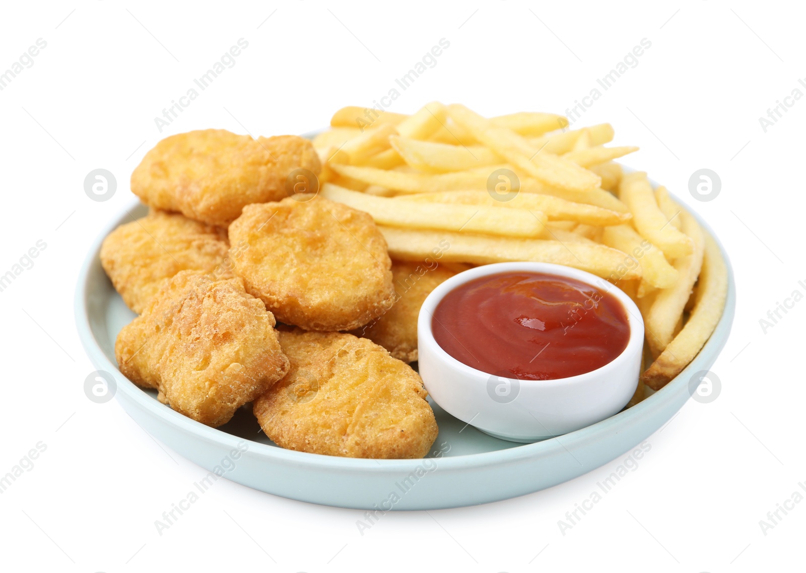 Tasty chicken nuggets and french fries with sauce isolated on white Photo of Tasty chicken nuggets and french fries with sauce isolated on white