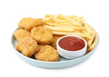Photo of Tasty chicken nuggets and french fries with sauce isolated on white