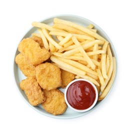 Photo of Tasty chicken nuggets and french fries with sauce isolated on white, top view