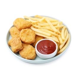 Photo of Tasty chicken nuggets and french fries with sauce isolated on white