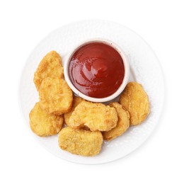 Photo of Tasty chicken nuggets with sauce isolated on white, top view