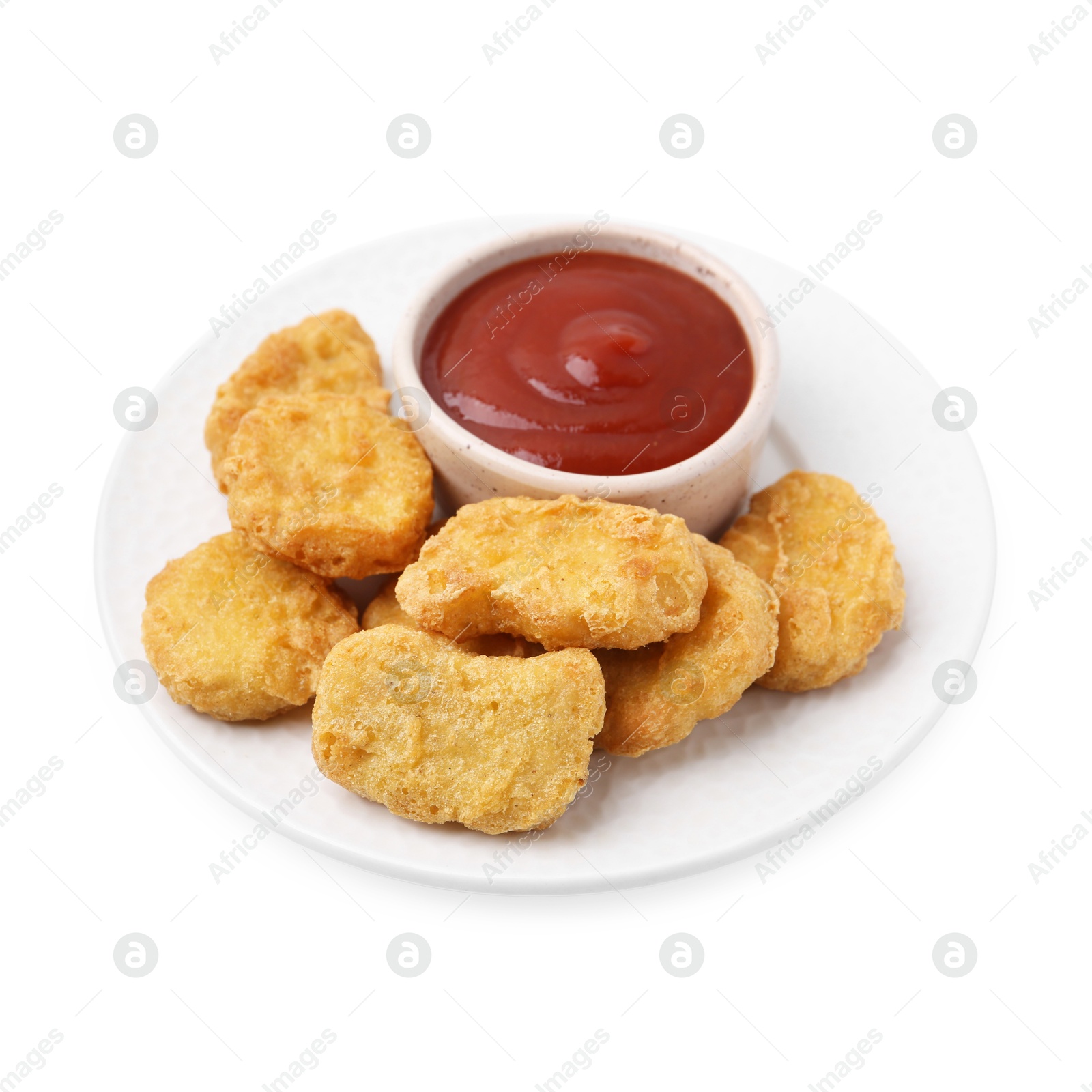 Tasty chicken nuggets with sauce isolated on white Photo of Tasty chicken nuggets with sauce isolated on white