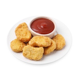 Photo of Tasty chicken nuggets with sauce isolated on white
