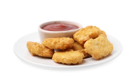 Photo of Tasty chicken nuggets with sauce isolated on white