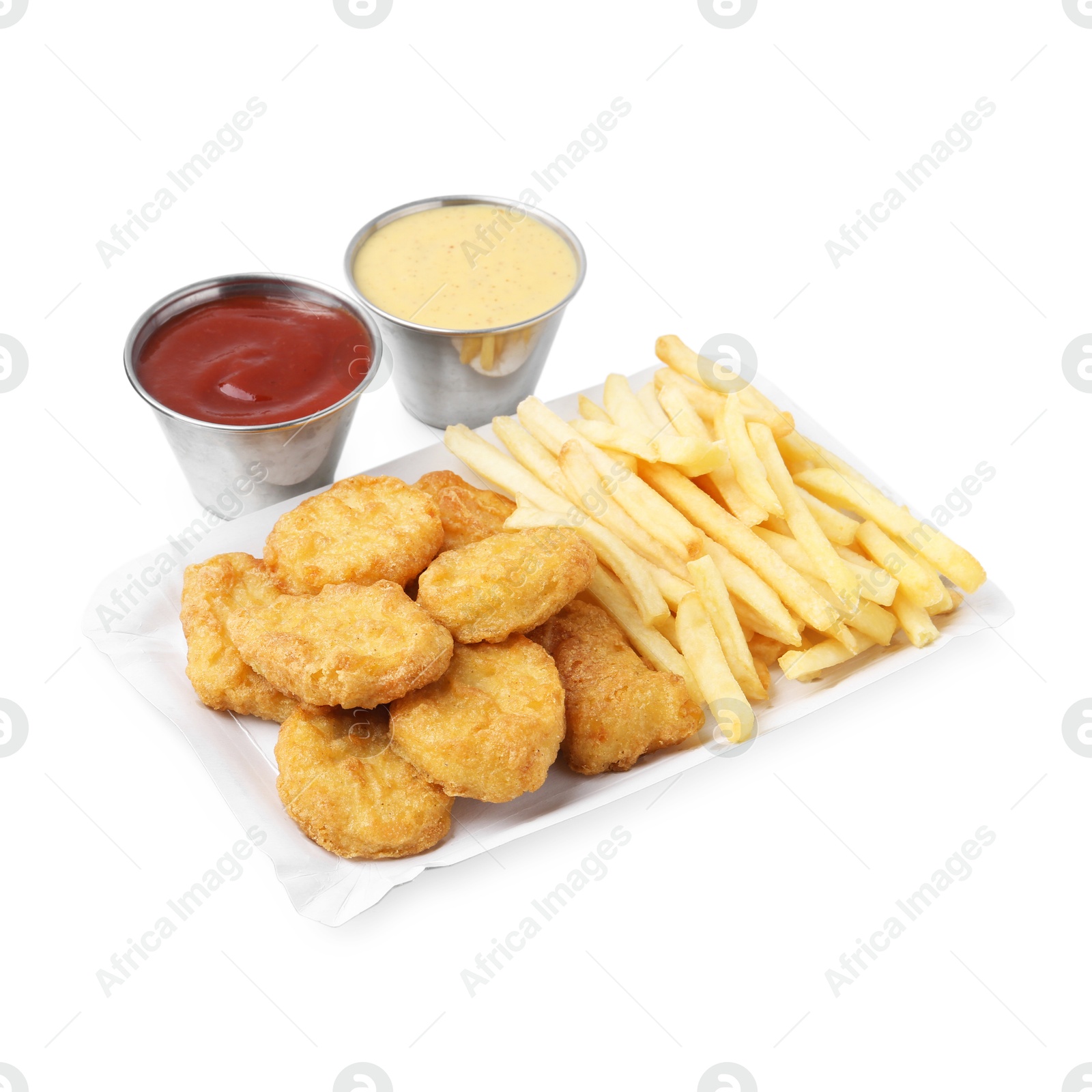 Tasty chicken nuggets and french fries with sauce isolated on white Photo of Tasty chicken nuggets and french fries with sauce isolated on white