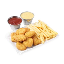Photo of Tasty chicken nuggets and french fries with sauce isolated on white