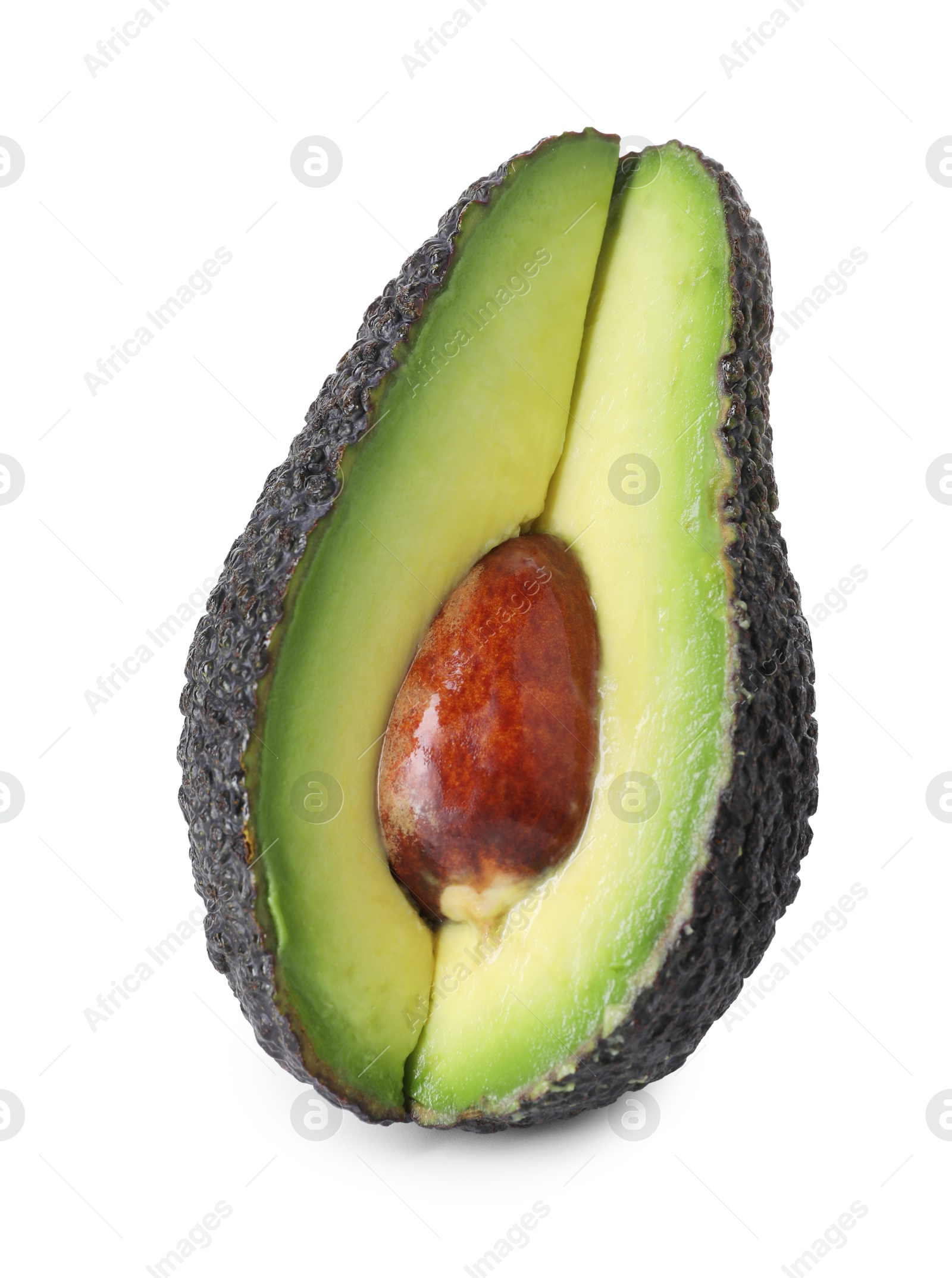 Photo of One ripe cut avocado isolated on white